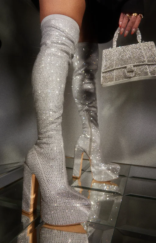 Durable Footwear Aviana Embellished Platform Block Heel Over The Knee Boots - Silver