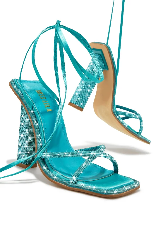 Travel-Friendly Shoes Crystal Embellished Lace Up High Heels - Aqua