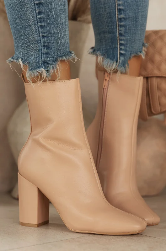 Versatile Shoes Full Moon Squared Toe Chunky Heel Ankle Booties - Nude