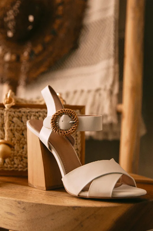 Stylish Loafers Leilani Raffia Buckle Block Heels - White