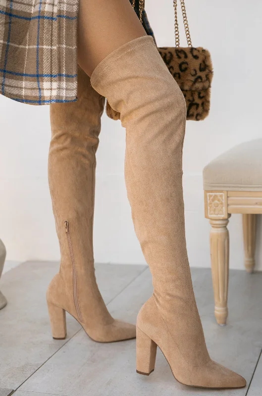 Flexible Shoes Set The Bar Over The Knee Block High Heel Boots - Taupe