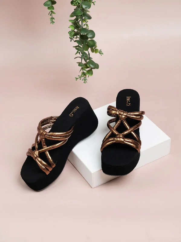 Flexible Sole Shoes Women Antique Strapy Open Toe Wedge Heels With Knot Detail