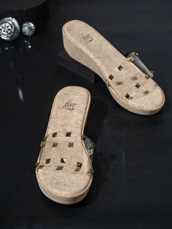 Versatile Shoes Women Beige & Cork Finish Transparent Studded Wedge Heels
