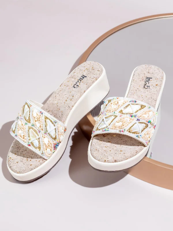 High-Quality Footwear Women Beige Embroidered Open Toe Wedge Heels