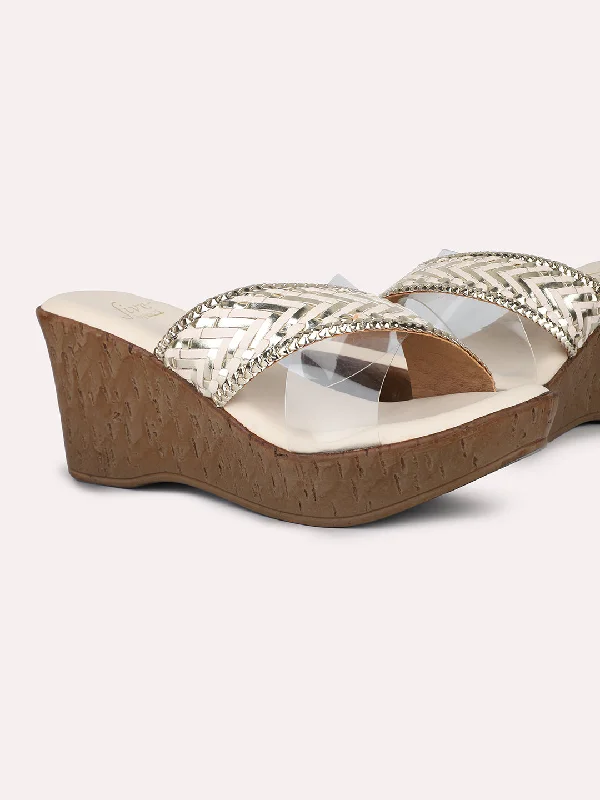 Soft Sneakers Women Beige & Gold-Toned Textured Wedge Heels