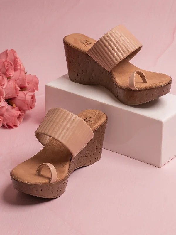 Fashion Shoes Women Beige Textured One Toe Solid Wedge Heels