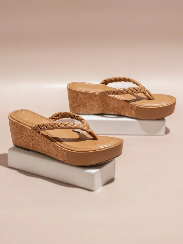 Padded Insole Shoes Women Beige Textured Open Toe Cork Finish Wedge Heels