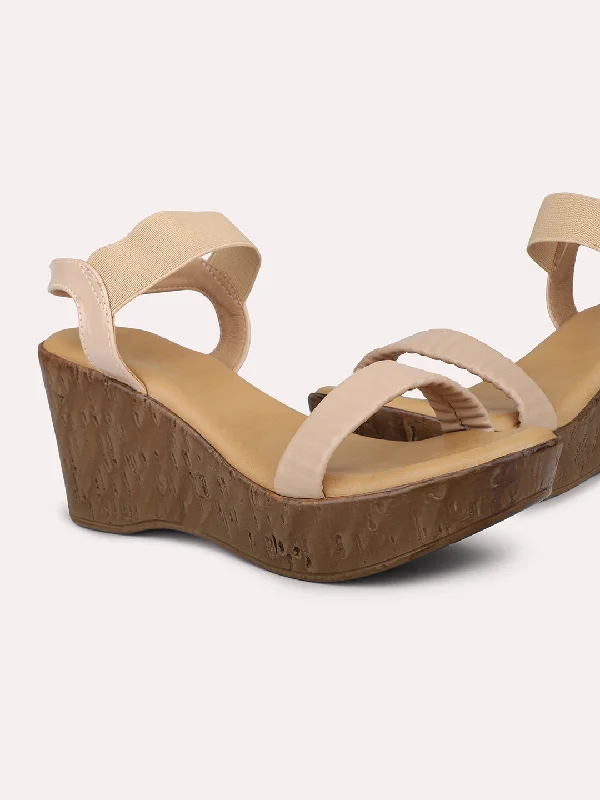 Daily Sneakers Women Beige Textured Open Toe Solid Wedge Heels With Backstrap