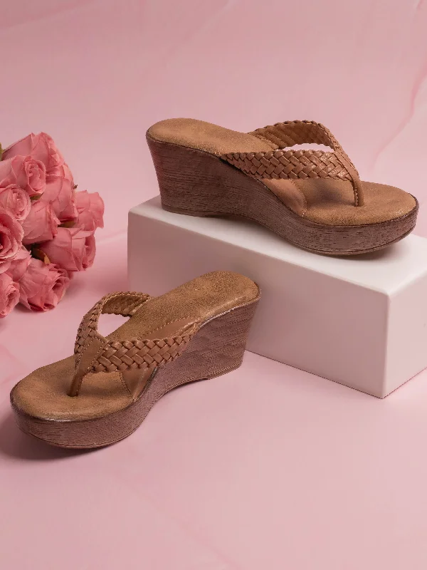 Durable Footwear Women Beige Textured Solid Wedge Heels