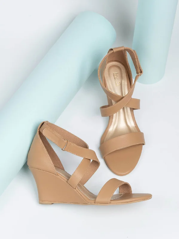Minimalist Shoes Women Beige Wedge Sandals With Ankle Loop