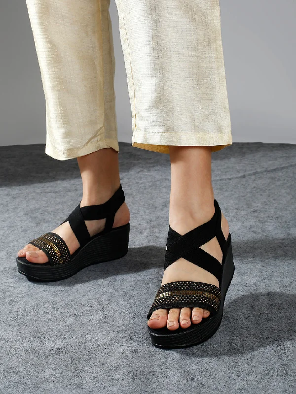 Everyday Sneakers Women Black And Gold Toned Wedge Heels With Backstrap