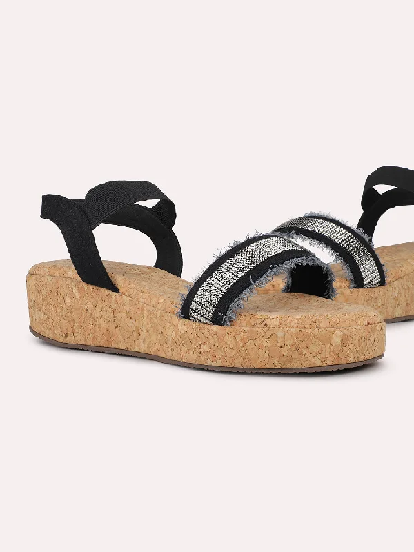Plush Footwear Women Black Cork Finish Embellished Wedge Heels With Backstrap