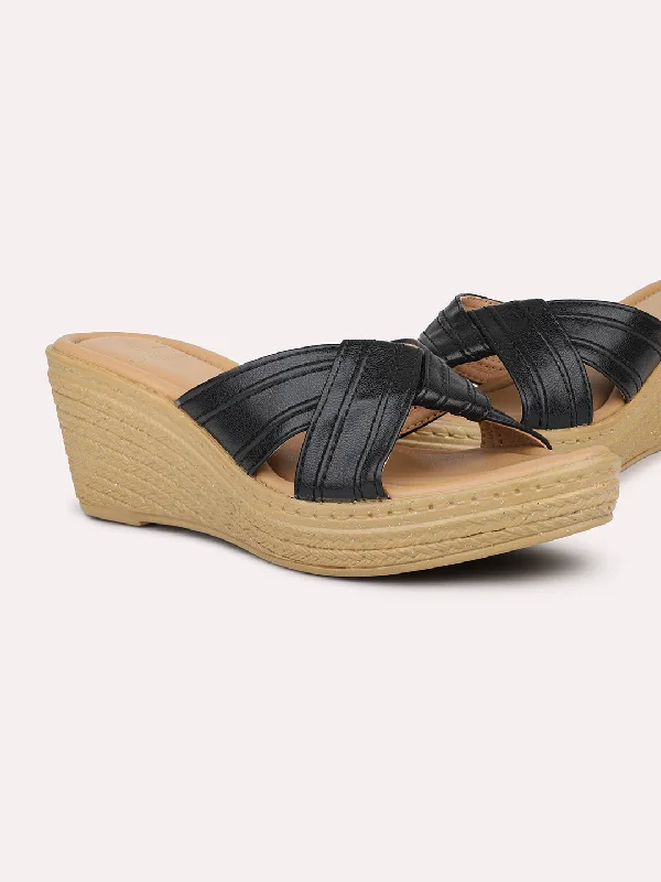 Vintage Sneakers Women Black Criss-Cross Textured Strap Wedge Heels