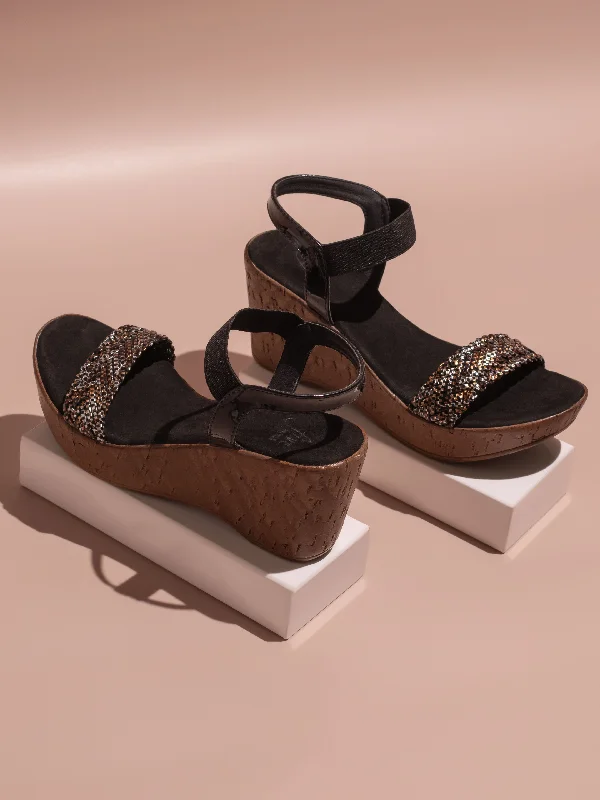 Summer Sneakers Women Black Embellished Open Toe Wedge Heels