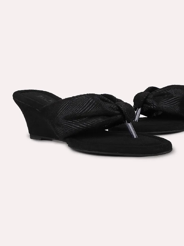 Versatile Shoes Women Black Metallic Printed Knotted Wedge Heels