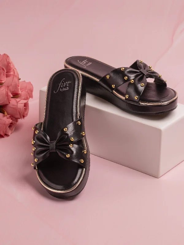 Comfortable Slip-Ons Women Black Open Toe Studded Wedge Heels