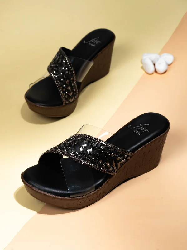 Travel Sneakers Women Black & Pewter-Toned Textured Wedge Heels