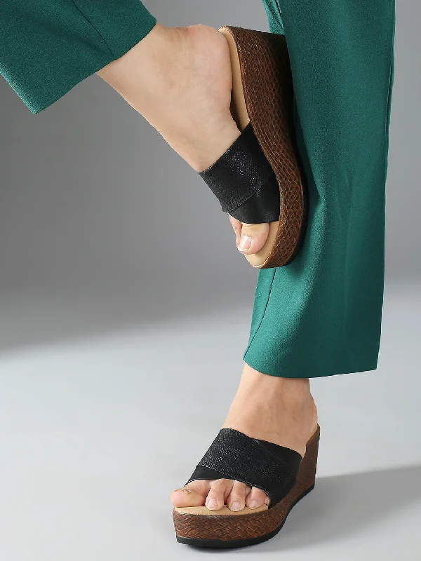 Everyday Footwear Women Black Solid Textured Wedge Heels