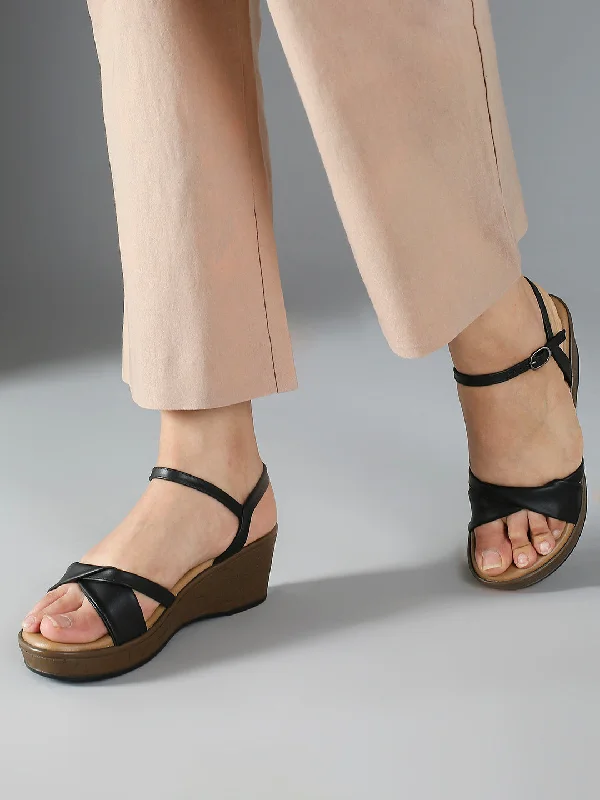 Fashionable Sneakers Women Black Solid Wedge Heels With Buckles
