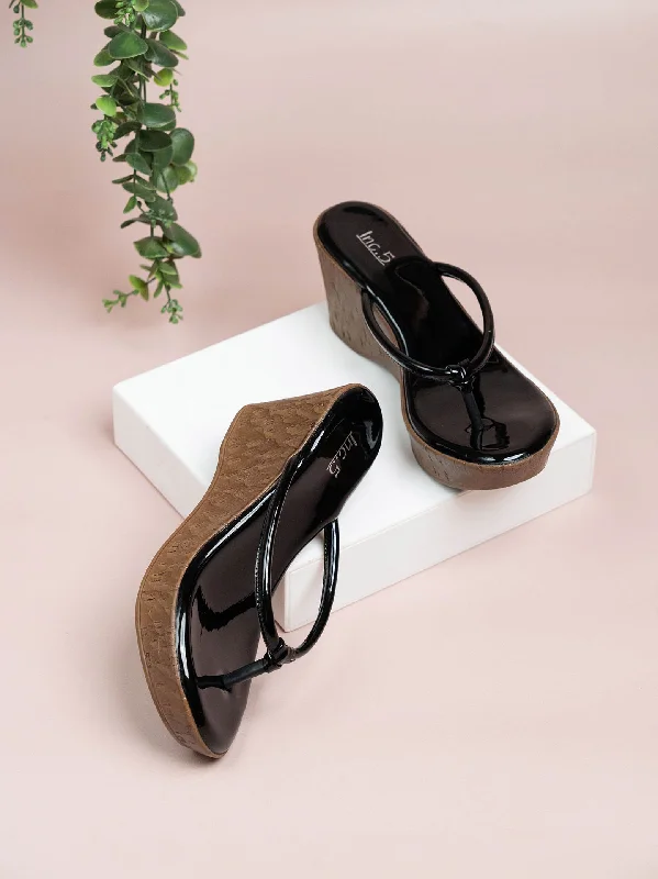 Chic Footwear Women Black Solid Wedges with Knot Detail