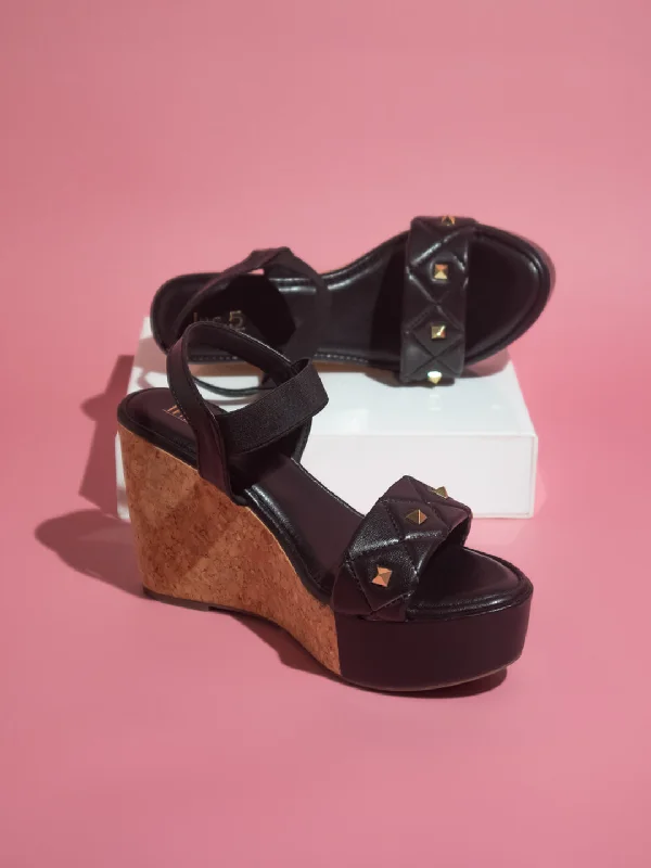 Cushion Comfort Shoes Women Black Square Metal Studded Wedges Heels