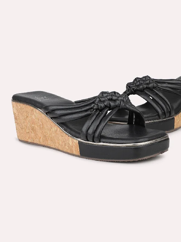 Ultra-Fashion Sneakers Women Black Strappy Open Toe Cork Finish Wedge Heels