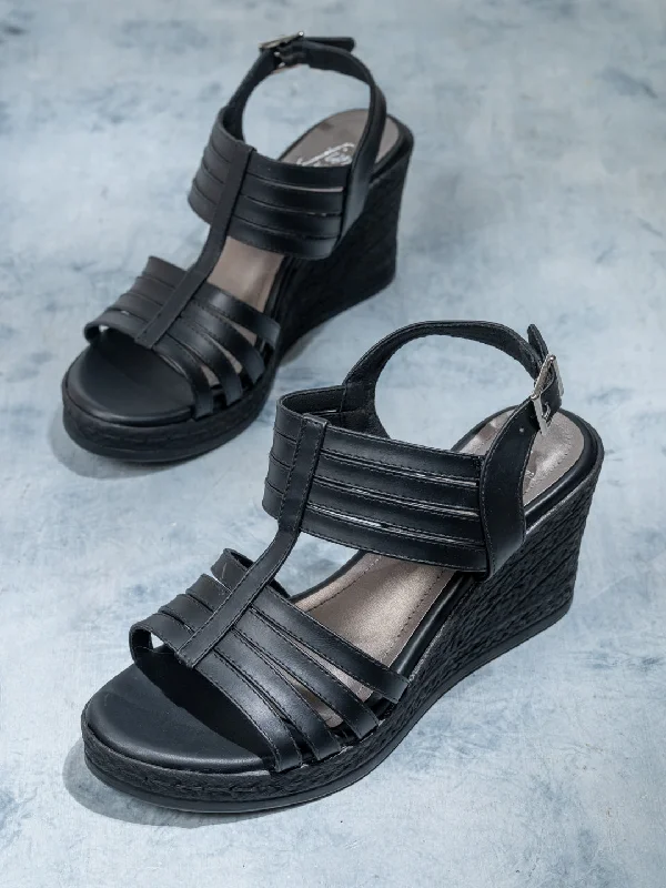 Soft Sneakers Women Black Strappy Wedge Heels With Buckle Details