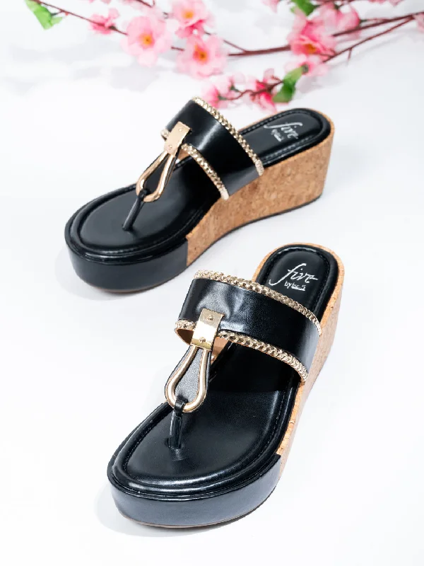 Breathable Loafers Women Black Textured Cork Finish Wedge Heels
