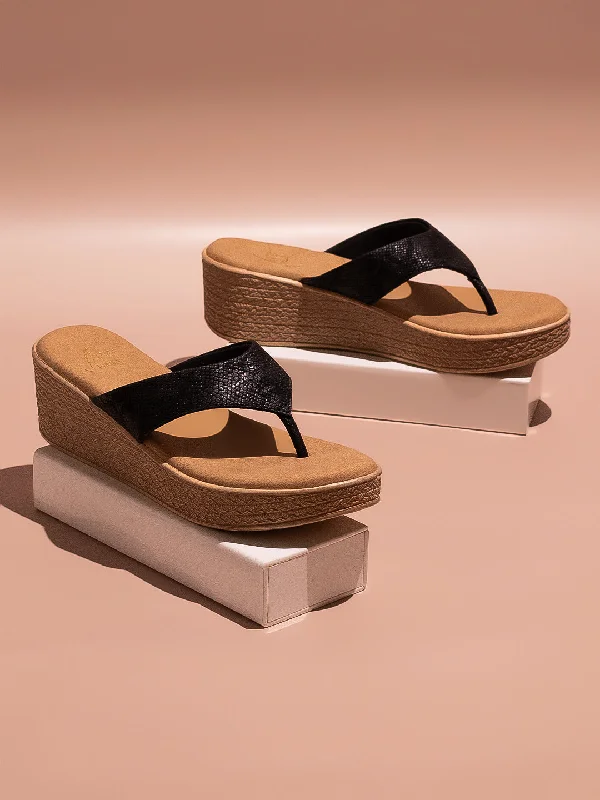 Cozy Walking Shoes Women Black Textured One Toe Wedge Heels