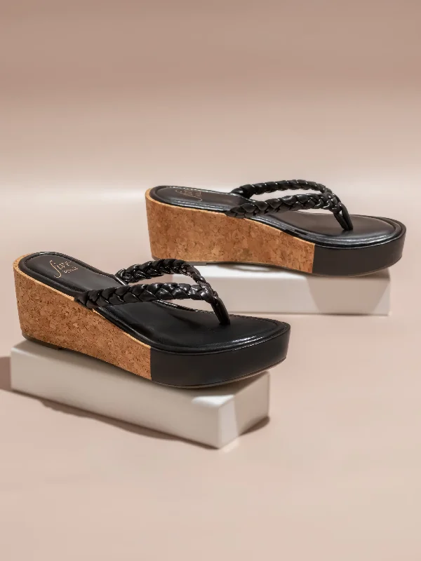 Flexible Sneakers Women Black Textured Open Toe Cork Finish Wedge Heels