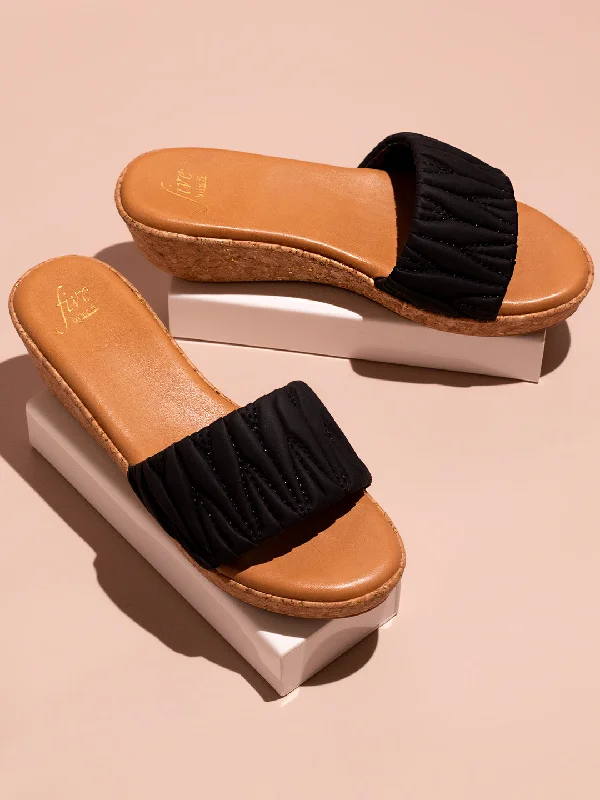 Urban Running Shoes Women Black Textured Open Toe Cork Finish Wedge Heels