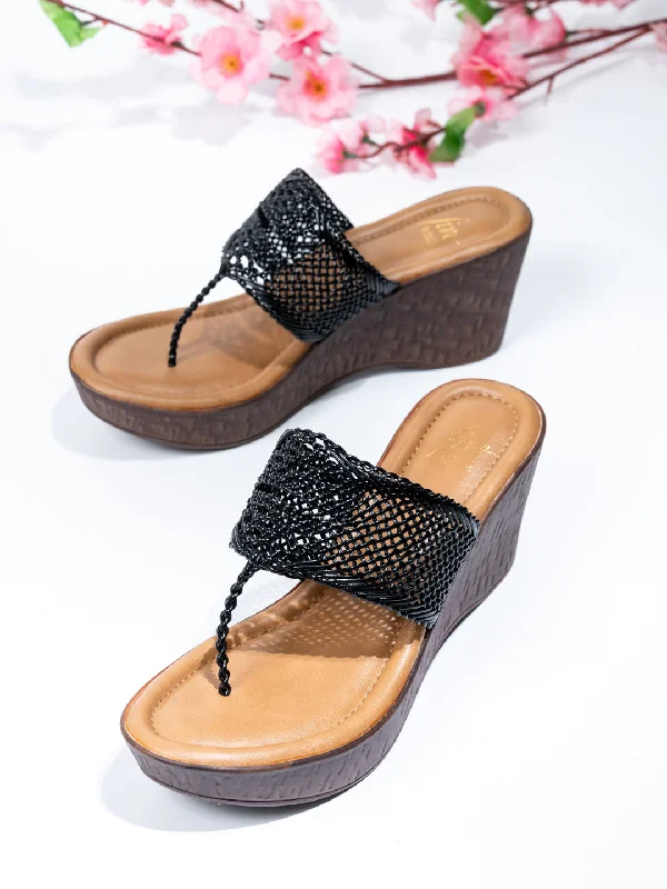 Lightweight Loafers Women Black Woven Design Wedge Sandals