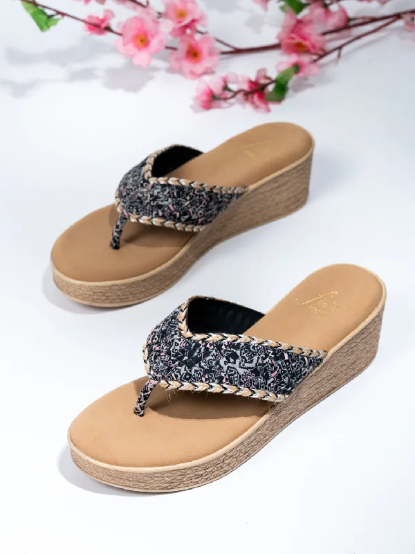 Affordable Boots Women Black Woven Design Wedge Sandals