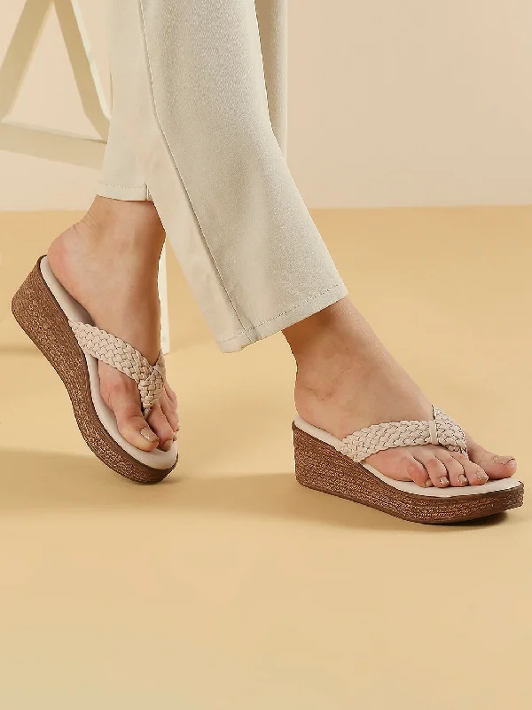 Trendy Slip-Ons Women Cream Solid Textured Wedge Heels