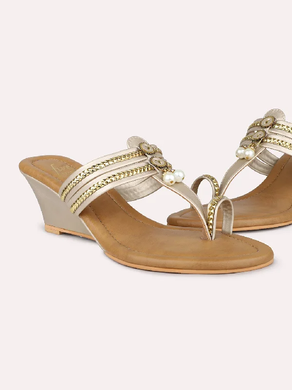 Slip-On Shoes Women Gold Embellished One Toe Wedge Heels