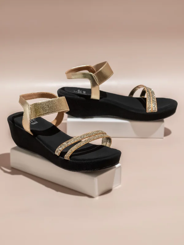 Wear-Resistant Sneakers Women Gold Embellished Open Toe Wedge Heels