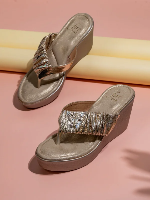 Trendy Footwear Women Gold Textured Embellished Wedge Heels