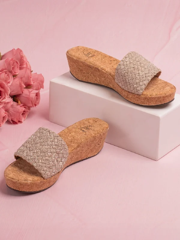 Cushion Sole Shoes Women Gold Textured Open Toe Cork Finish Wedge Heels