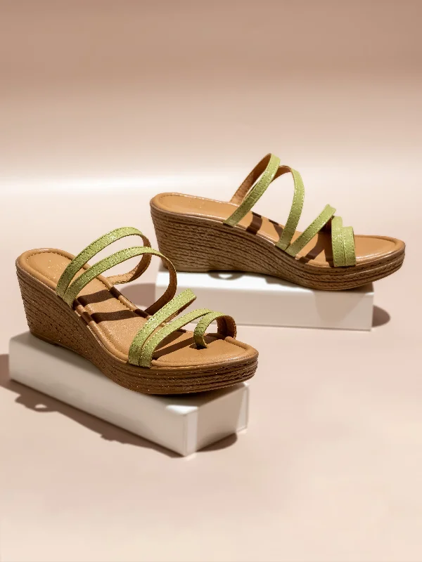 Classic Comfort Shoes Women Green Textured One Toe Wedge Heels