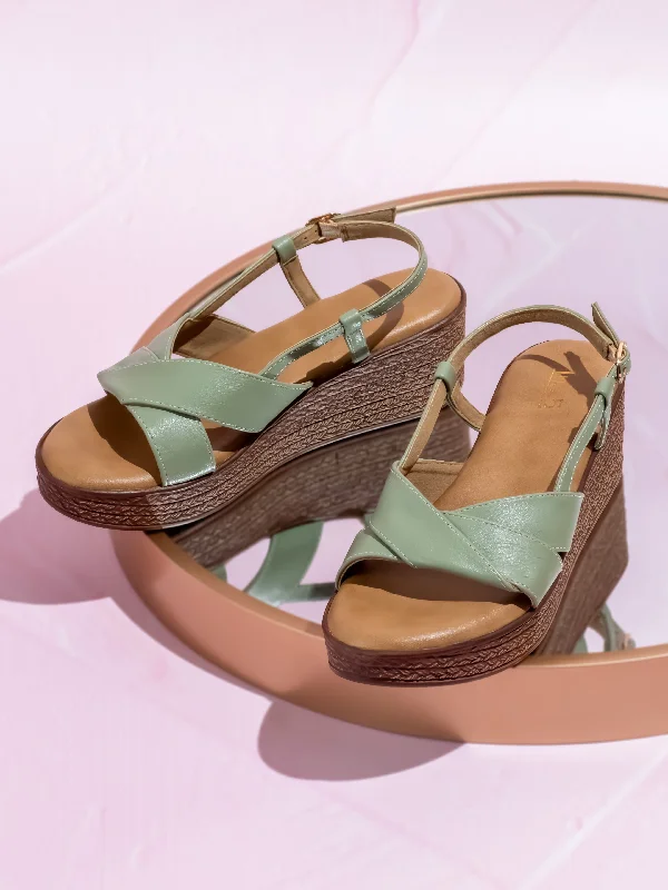 Urban Sneakers Women Green Textured Solid Wedges With Buckle Detail