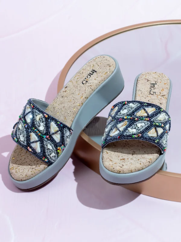 Budget-Friendly Shoes Women Grey Embroidered Open Toe Wedge Heels
