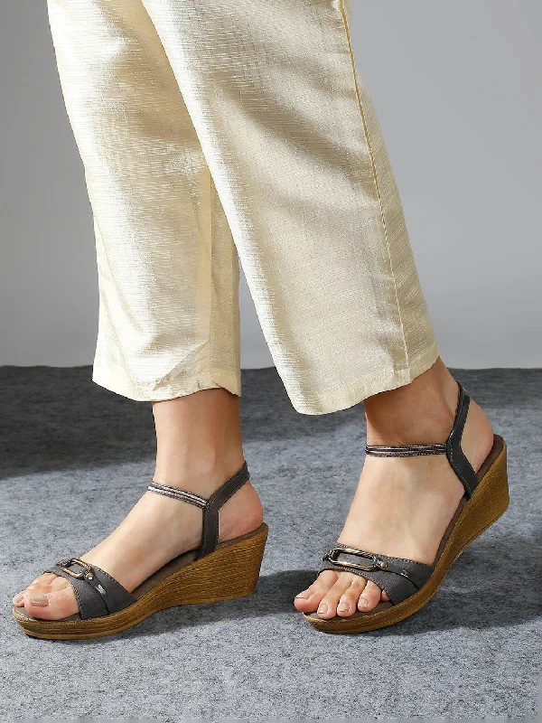 Walking Sneakers Women Grey Solid Open Toe Wedge Heels