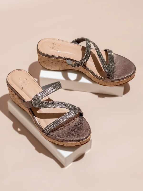 Soft Sole Sneakers Women Gun Metal Embellished Open Toe Cork Finish Wedge Heels