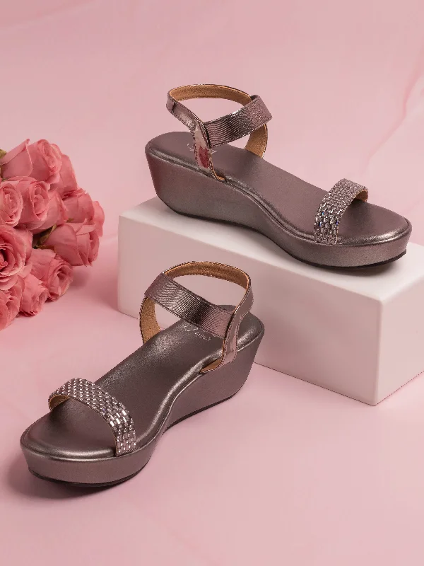 Modern Casual Shoes Women Gun Metal Embellished Wedge Heels