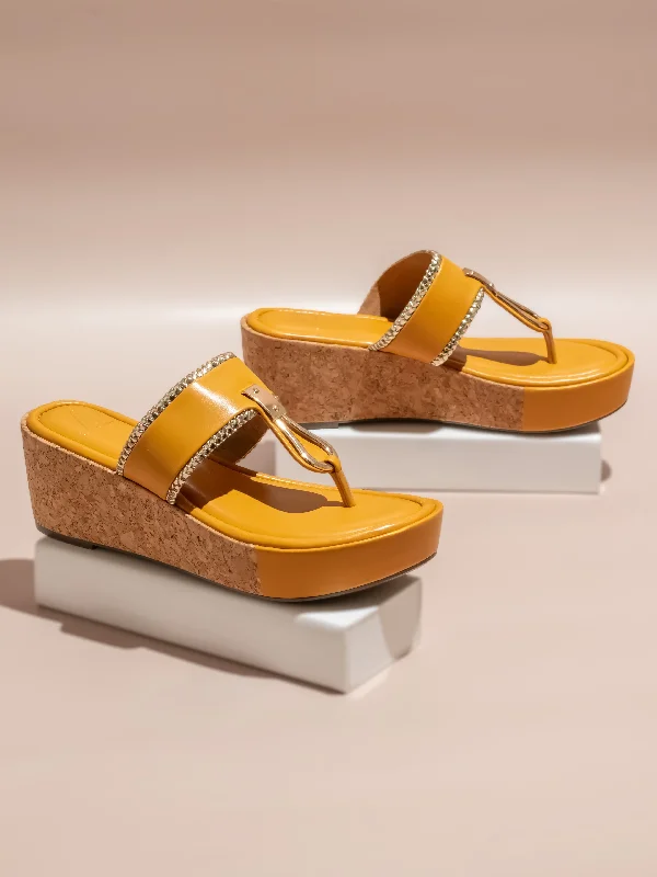Sleek Loafers Women Mustard Textured Cork Finish Wedge Heels