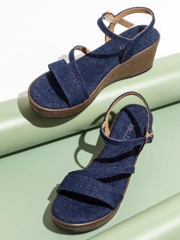 Cushion Sole Sneakers Women Navy Wedge Sandals with Buckles