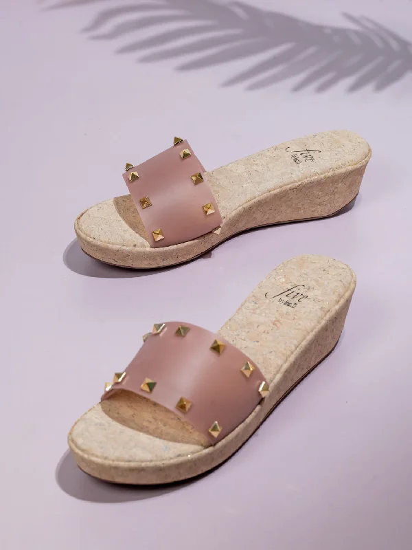 Elegant Footwear Women Peach & Cork Finish Transparent Studded Wedge Heels