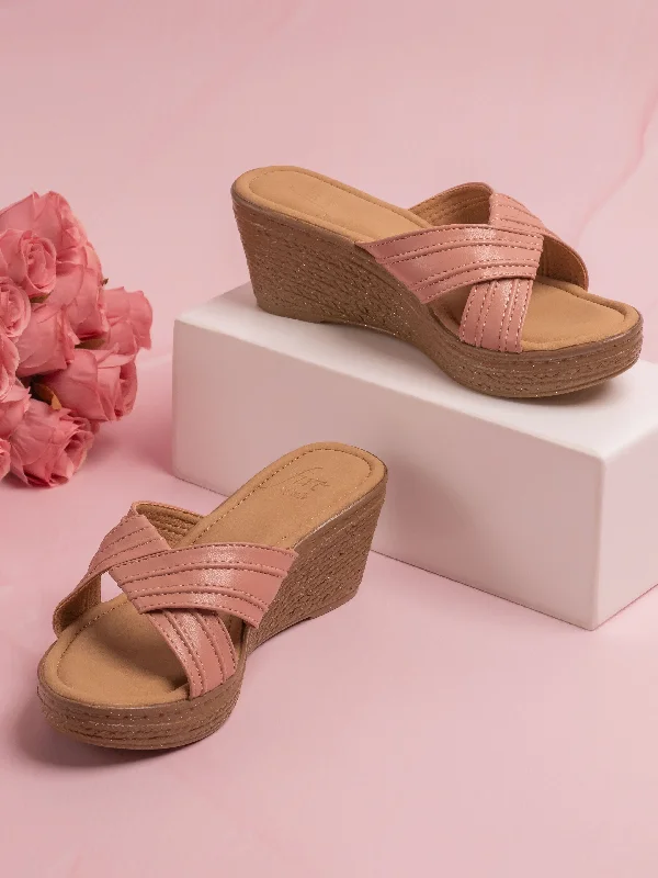 Cool Sneakers Women Peach Criss-Cross Textured Strap Wedge Heels