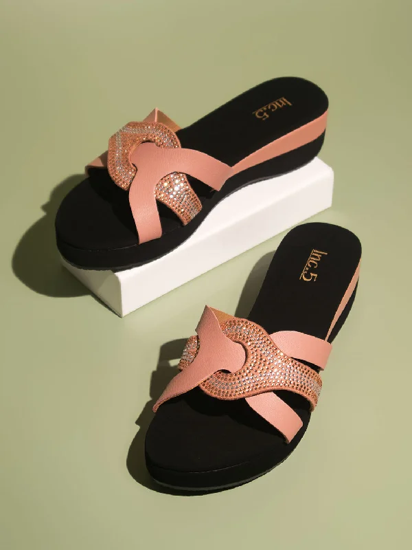 Affordable Boots Women Peach Embellished Party Wedge Heels
