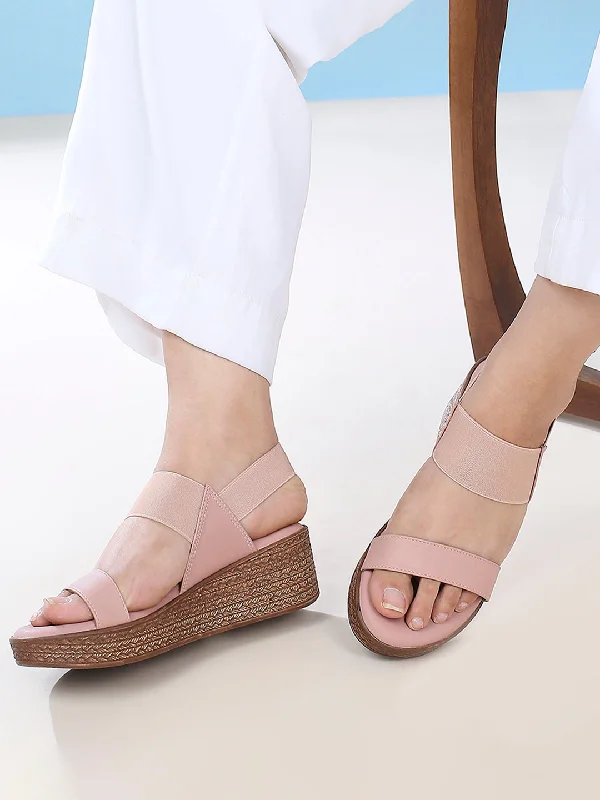 Travel-Friendly Shoes Women Peach Solid Wedge Heels With Backstrap